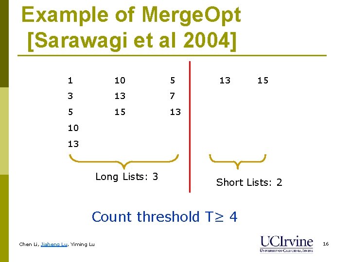 Example of Merge. Opt [Sarawagi et al 2004] 1 10 5 3 13 7