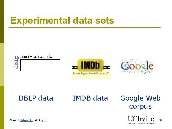 Experimental data sets DBLP data Chen Li, Jiaheng Lu, Yiming Lu IMDB data Google