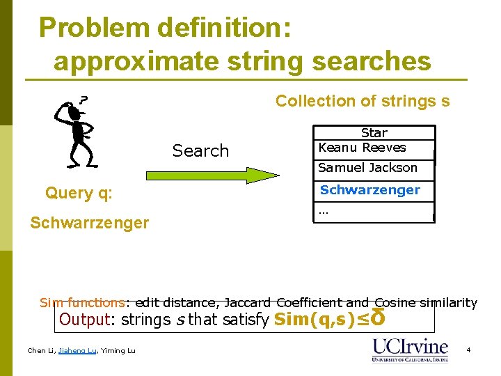 Problem definition: approximate string searches Collection of strings s Search Query q: Schwarrzenger Star