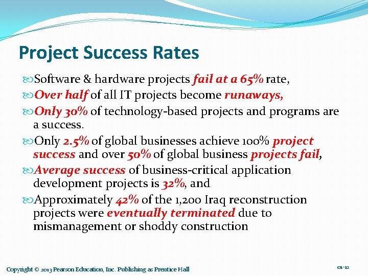 Project Success Rates Software & hardware projects fail at a 65% rate, Over half