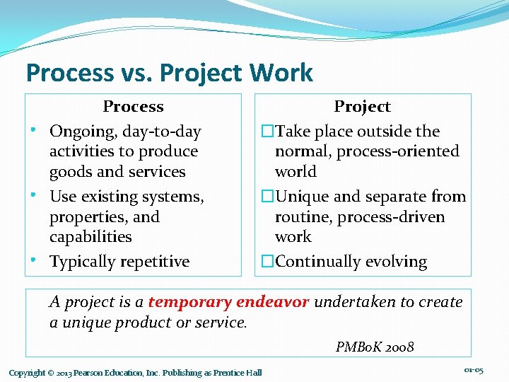 Process vs. Project Work • • • Process Ongoing, day-to-day activities to produce goods