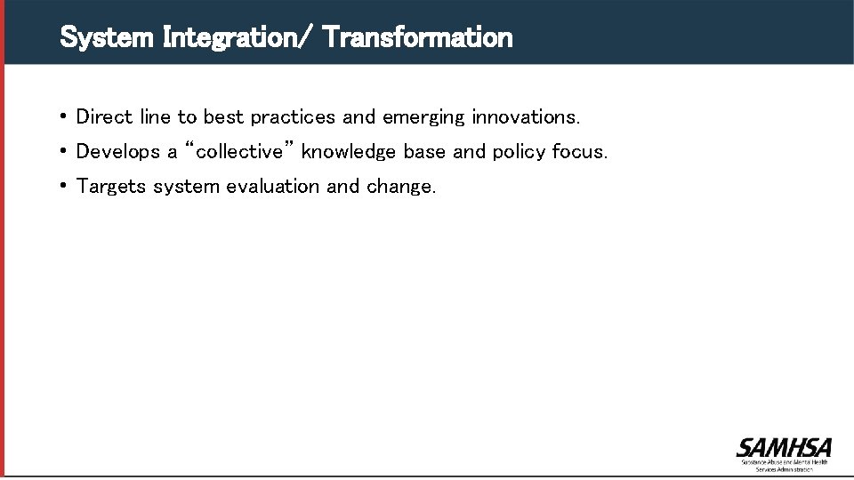 System Integration/ Transformation • Direct line to best practices and emerging innovations. • Develops