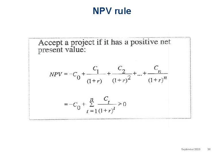 NPV rule September 2020 35 
