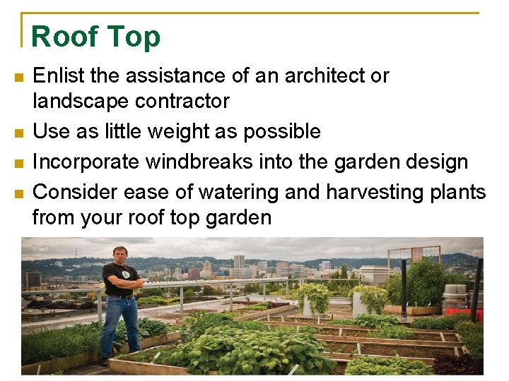Roof Top n n Enlist the assistance of an architect or landscape contractor Use