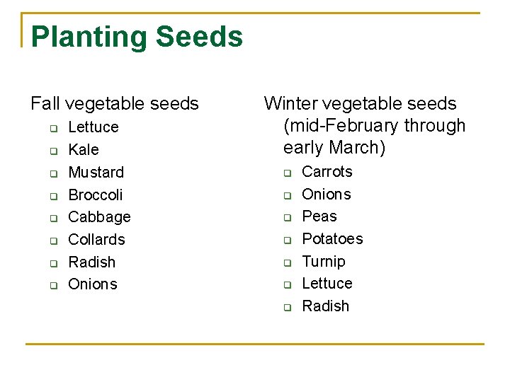 Planting Seeds Fall vegetable seeds q q q q Lettuce Kale Mustard Broccoli Cabbage