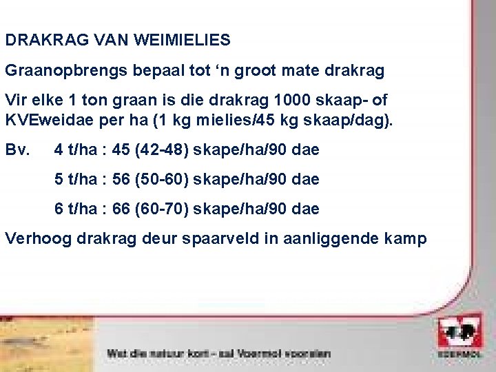 DRAKRAG VAN WEIMIELIES Graanopbrengs bepaal tot ‘n groot mate drakrag Vir elke 1 ton