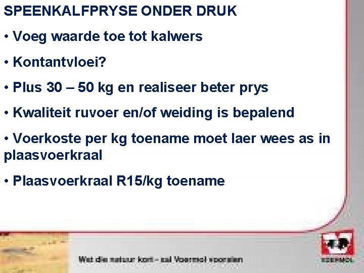 SPEENKALFPRYSE ONDER DRUK • Voeg waarde tot kalwers • Kontantvloei? • Plus 30 –