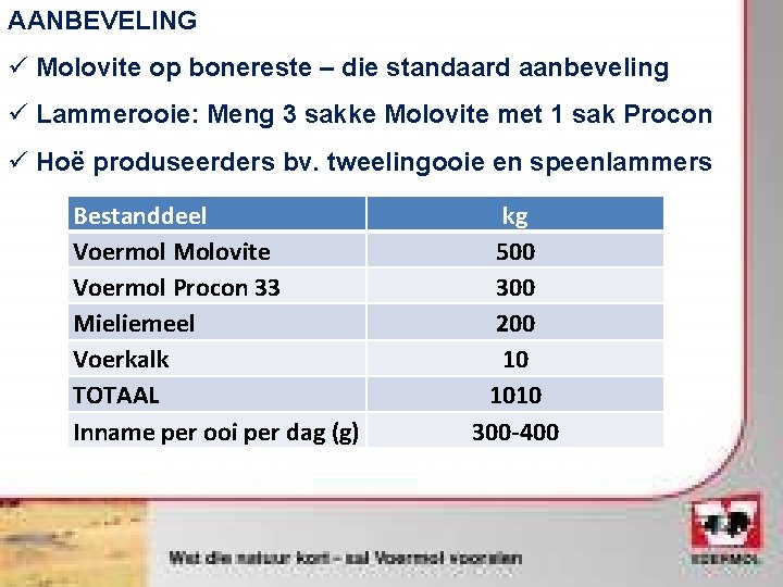 AANBEVELING ü Molovite op bonereste – die standaard aanbeveling ü Lammerooie: Meng 3 sakke