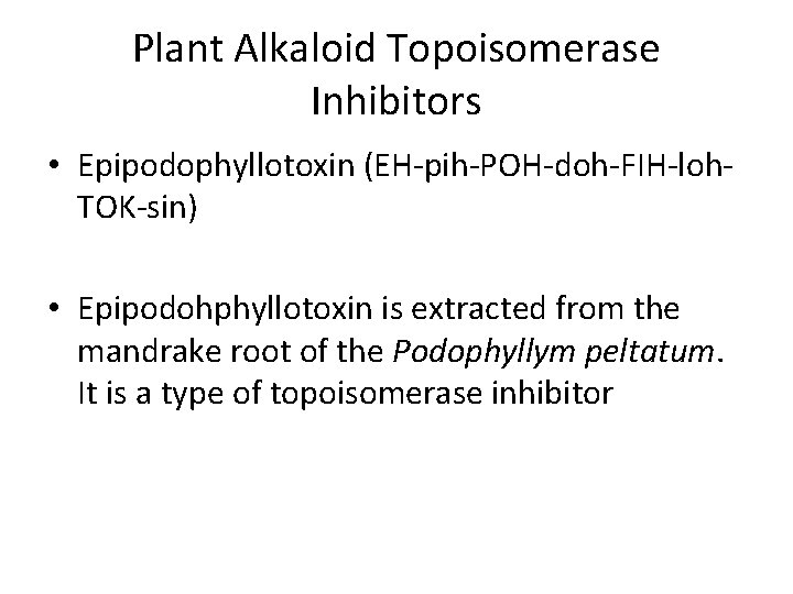 Plant Alkaloid Topoisomerase Inhibitors • Epipodophyllotoxin (EH-pih-POH-doh-FIH-loh. TOK-sin) • Epipodohphyllotoxin is extracted from the