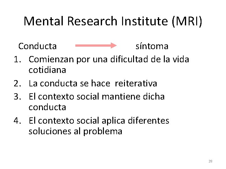 Mental Research Institute (MRI) Conducta síntoma 1. Comienzan por una dificultad de la vida