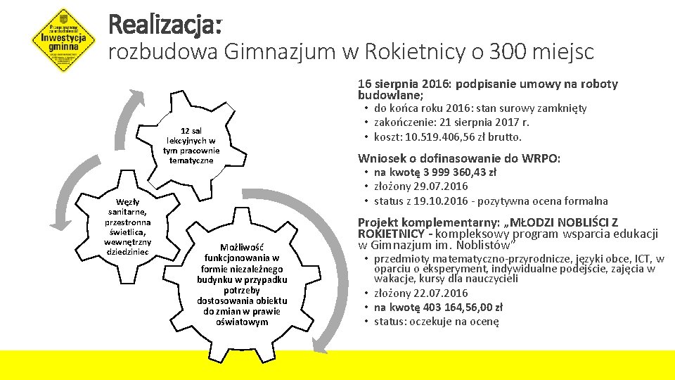 Realizacja: rozbudowa Gimnazjum w Rokietnicy o 300 miejsc 16 sierpnia 2016: podpisanie umowy na