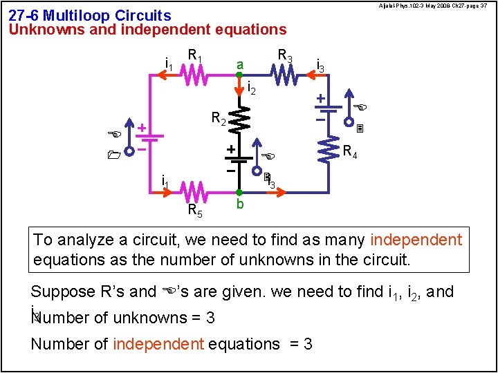 Aljalal-Phys. 102 -3 May 2008 -Ch 27 -page 37 27 -6 Multiloop Circuits Unknowns