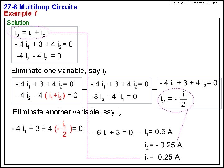 27 -6 Multiloop Circuits Example 7 Solution Eliminate one variable, say i 3 Eliminate