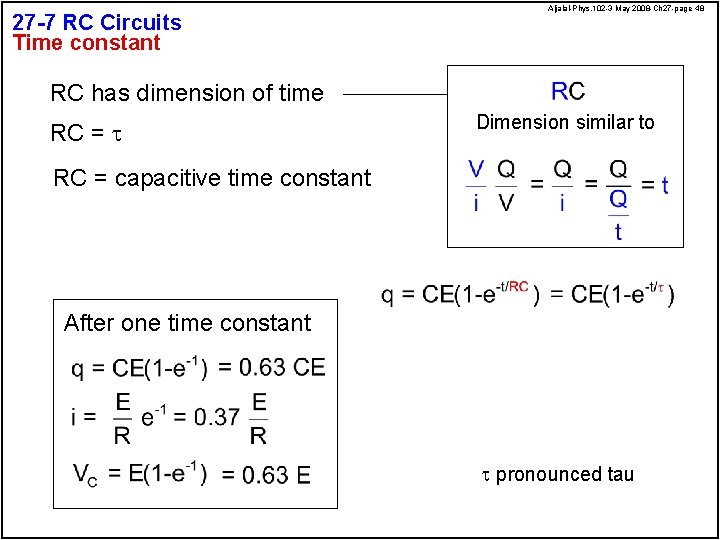 27 -7 RC Circuits Time constant Aljalal-Phys. 102 -3 May 2008 -Ch 27 -page