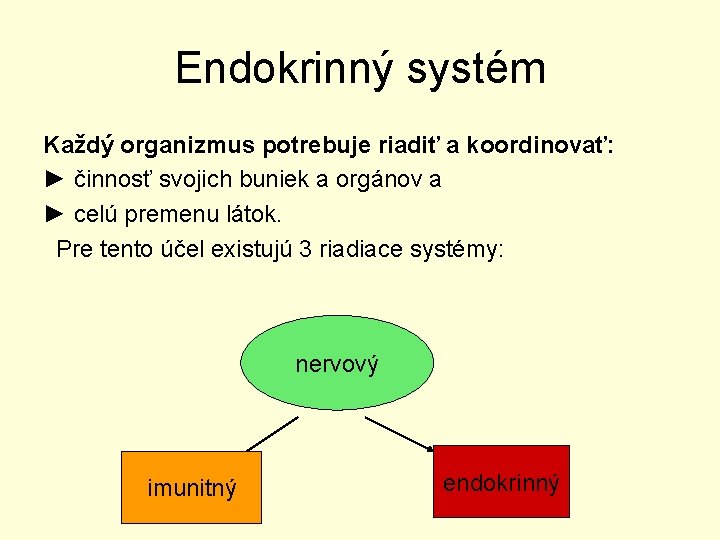 Endokrinný systém Každý organizmus potrebuje riadiť a koordinovať: ► činnosť svojich buniek a orgánov