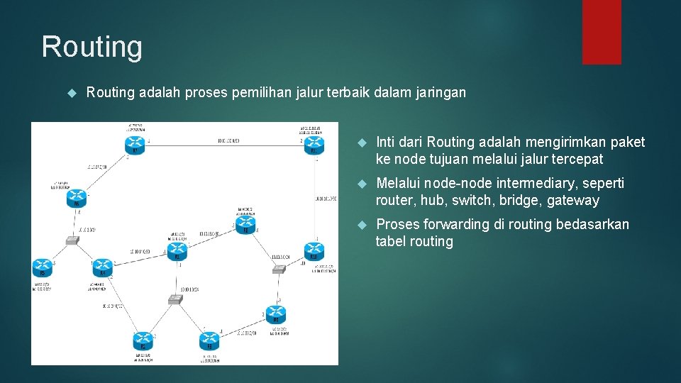 Routing adalah proses pemilihan jalur terbaik dalam jaringan Inti dari Routing adalah mengirimkan paket
