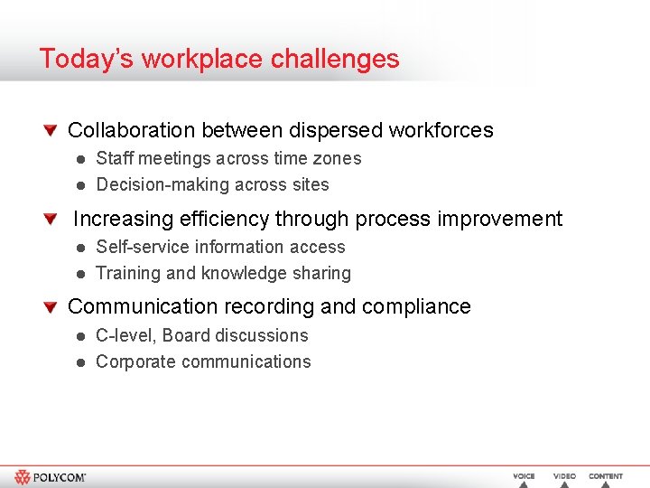 Today’s workplace challenges Collaboration between dispersed workforces l l Staff meetings across time zones