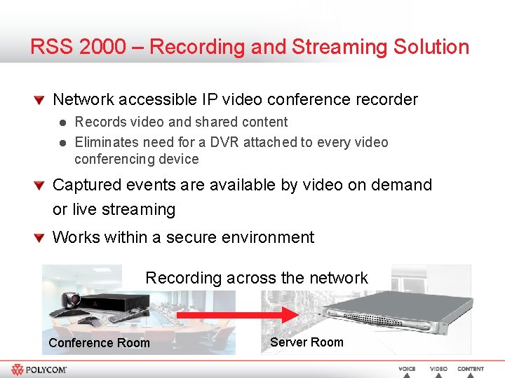 RSS 2000 – Recording and Streaming Solution Network accessible IP video conference recorder l