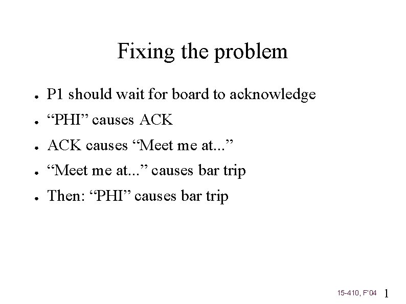 Fixing the problem ● P 1 should wait for board to acknowledge ● “PHI”