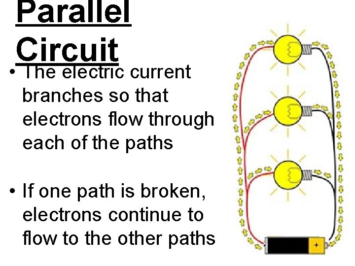 Parallel Circuit • The electric current branches so that electrons flow through each of
