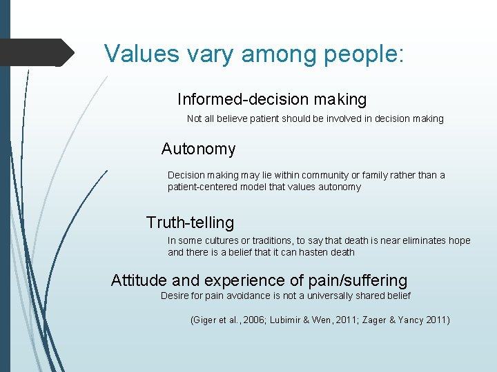 Values vary among people: Informed-decision making Not all believe patient should be involved in