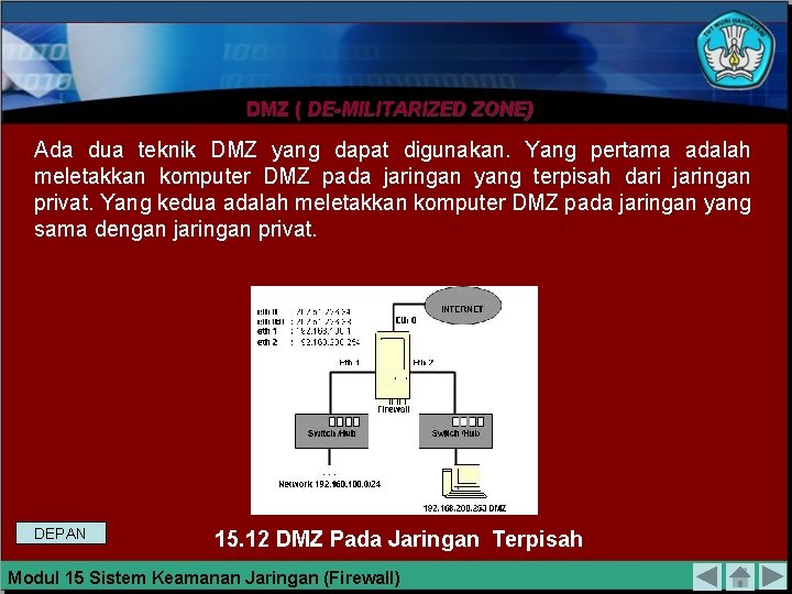DMZ ( DE-MILITARIZED ZONE) Ada dua teknik DMZ yang dapat digunakan. Yang pertama adalah