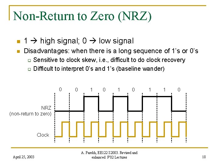 Non-Return to Zero (NRZ) n 1 high signal; 0 low signal n Disadvantages: when