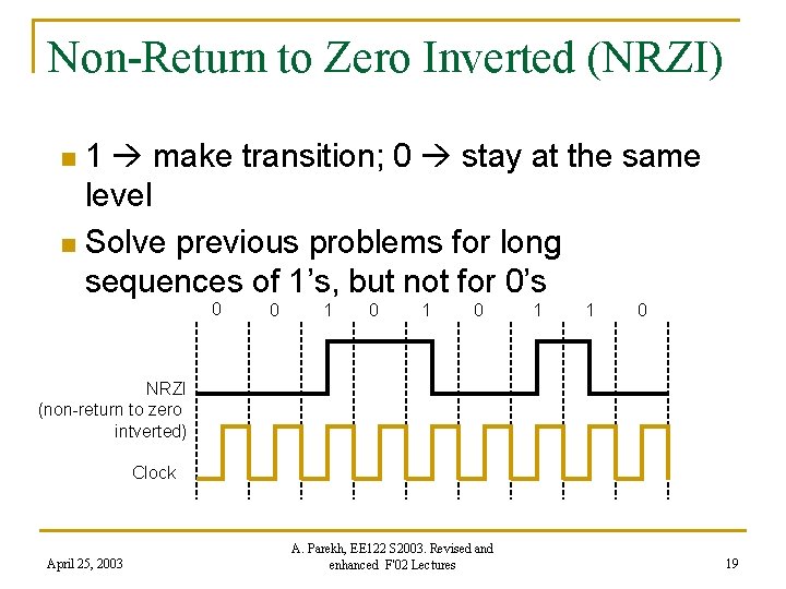 Non-Return to Zero Inverted (NRZI) 1 make transition; 0 stay at the same level