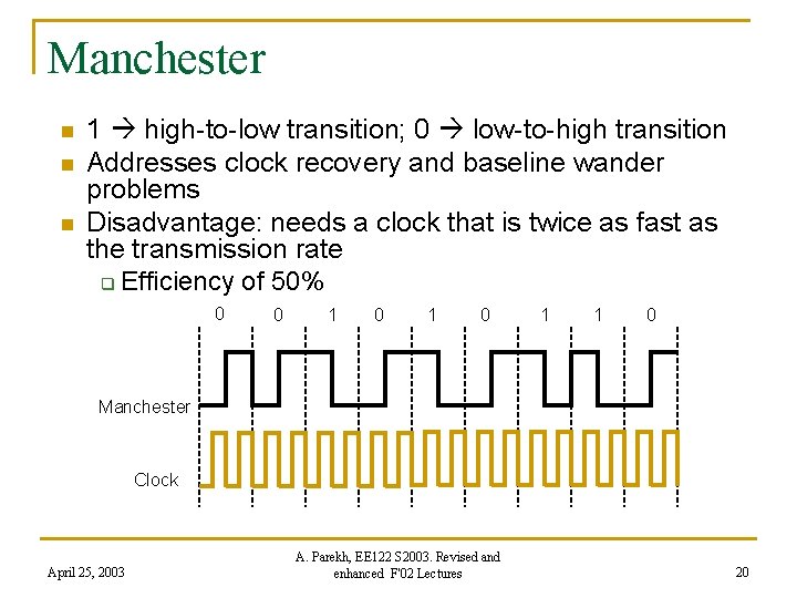 Manchester n n n 1 high-to-low transition; 0 low-to-high transition Addresses clock recovery and