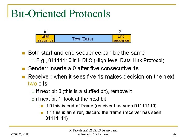 Bit-Oriented Protocols 8 Start sequence n n Text (Data) End sequence Both start and