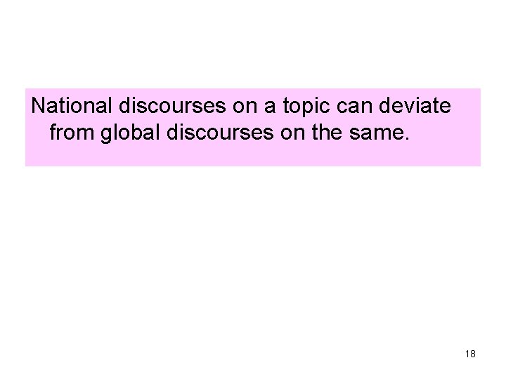 National discourses on a topic can deviate from global discourses on the same. 18 National discourses on a topic can deviate from global discourses on the same. 18
