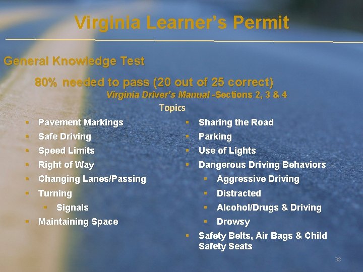 Virginia Learner’s Permit General Knowledge Test 80% needed to pass (20 out of 25