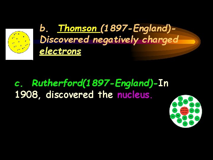 b. Thomson (1897 -England)Discovered negatively charged electrons c. Rutherford(1897 -England)-In 1908, discovered the nucleus.