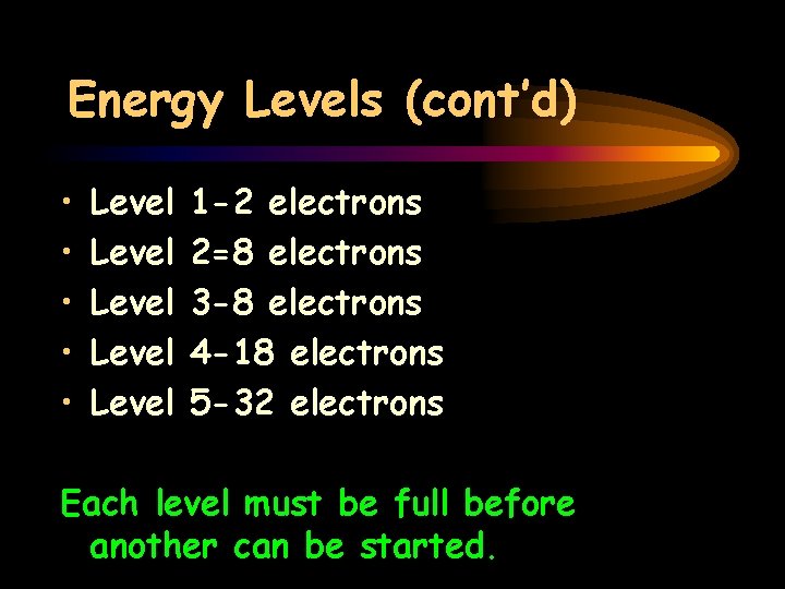 Energy Levels (cont’d) • • • Level Level 1 -2 electrons 2=8 electrons 3