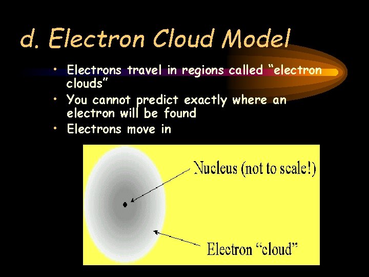 d. Electron Cloud Model • Electrons travel in regions called “electron clouds” • You