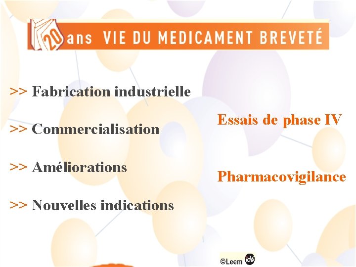 >> Fabrication industrielle >> Commercialisation >> Améliorations >> Nouvelles indications Essais de phase IV