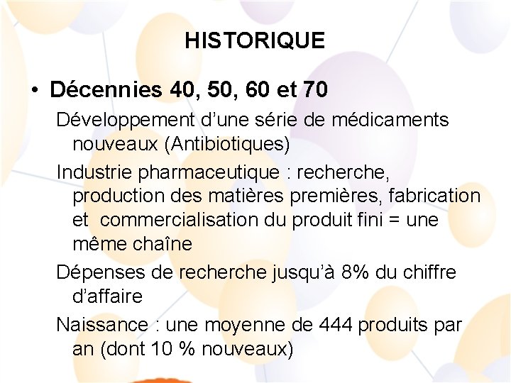 HISTORIQUE • Décennies 40, 50, 60 et 70 Développement d’une série de médicaments nouveaux