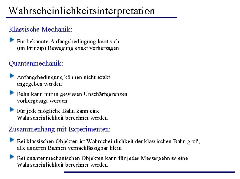 Wahrscheinlichkeitsinterpretation Klassische Mechanik: Für bekannte Anfangsbedingung lässt sich (im Prinzip) Bewegung exakt vorhersagen Quantenmechanik: Wahrscheinlichkeitsinterpretation Klassische Mechanik: Für bekannte Anfangsbedingung lässt sich (im Prinzip) Bewegung exakt vorhersagen Quantenmechanik: