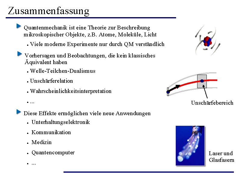 Zusammenfassung Quantenmechanik ist eine Theorie zur Beschreibung mikroskopischer Objekte, z. B. Atome, Moleküle, Licht Zusammenfassung Quantenmechanik ist eine Theorie zur Beschreibung mikroskopischer Objekte, z. B. Atome, Moleküle, Licht