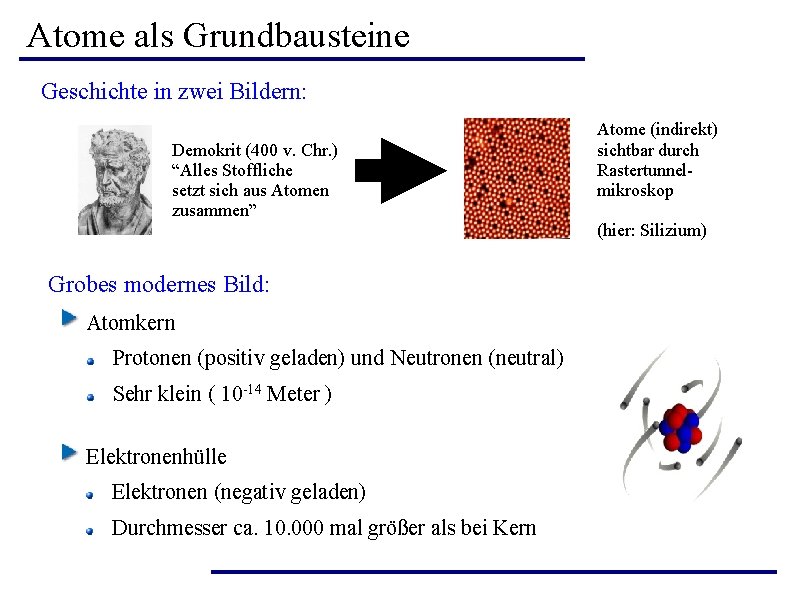 Atome als Grundbausteine Geschichte in zwei Bildern: Demokrit (400 v. Chr. ) “Alles Stoffliche Atome als Grundbausteine Geschichte in zwei Bildern: Demokrit (400 v. Chr. ) “Alles Stoffliche