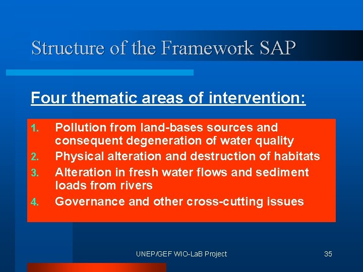 Structure of the Framework SAP Four thematic areas of intervention: 1. 2. 3. 4.