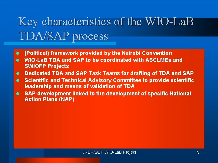 Key characteristics of the WIO-La. B TDA/SAP process l l l (Political) framework provided