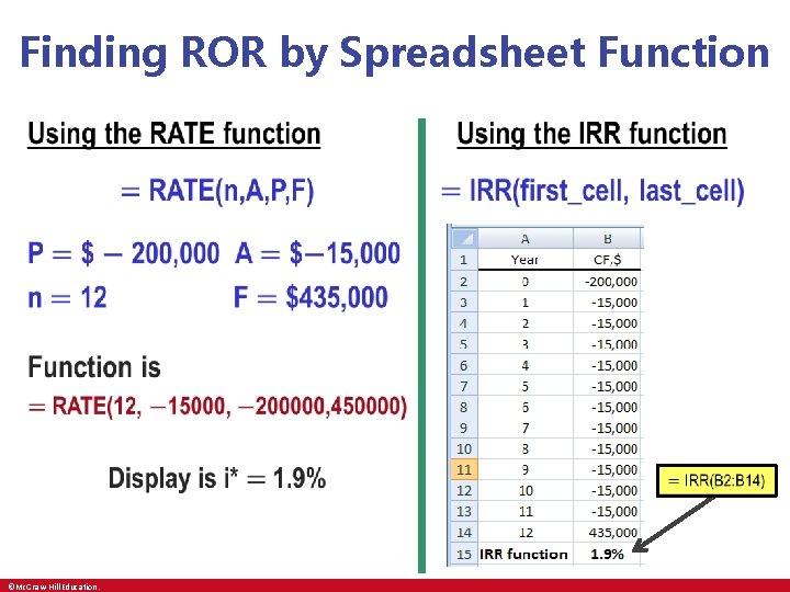 Finding ROR by Spreadsheet Function • • • ©Mc. Graw-Hill Education. 