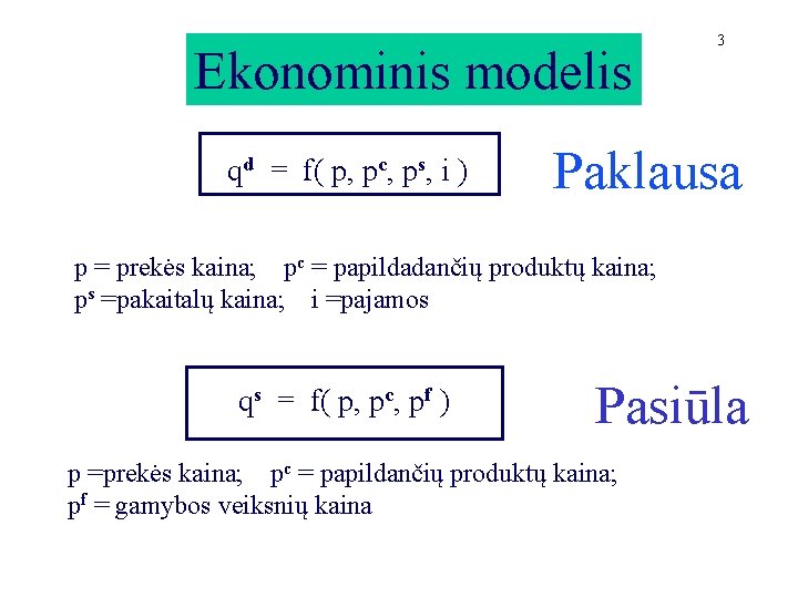 Ekonominis modelis qd = f( p, pc, ps, i ) 3 Paklausa p =
