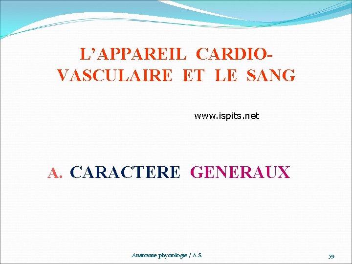 L’APPAREIL CARDIOVASCULAIRE ET LE SANG www. ispits. net A. CARACTERE GENERAUX Anatomie physiologie /