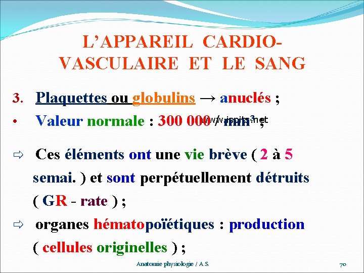 L’APPAREIL CARDIOVASCULAIRE ET LE SANG 3. Plaquettes ou globulins → anuclés ; • www.