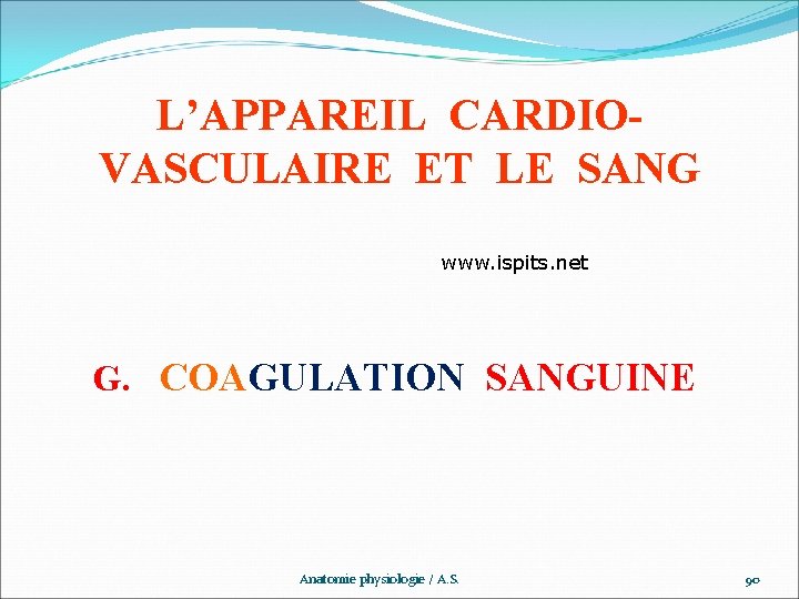 L’APPAREIL CARDIOVASCULAIRE ET LE SANG www. ispits. net G. COAGULATION SANGUINE Anatomie physiologie /