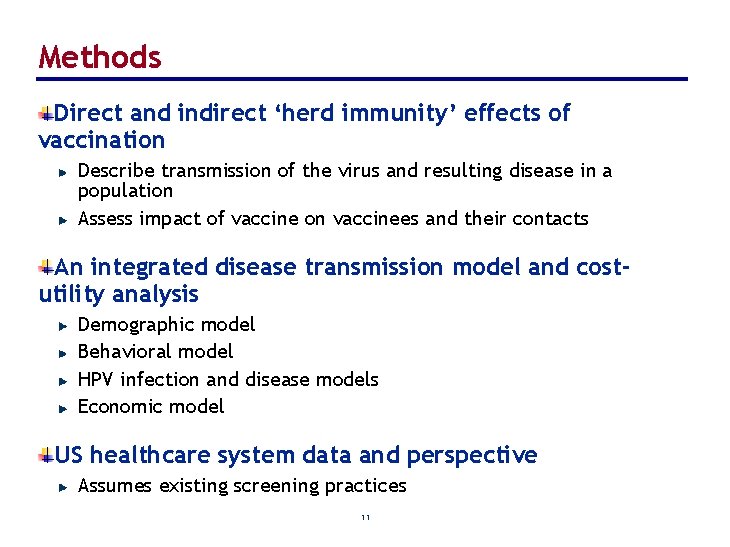 Methods Direct and indirect ‘herd immunity’ effects of vaccination Describe transmission of the virus