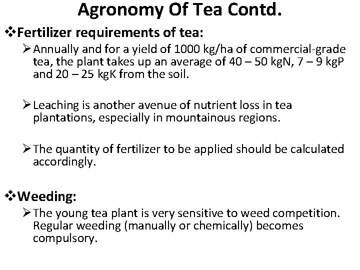 Agronomy Of Tea Contd. v. Fertilizer requirements of tea: Ø Annually and for a