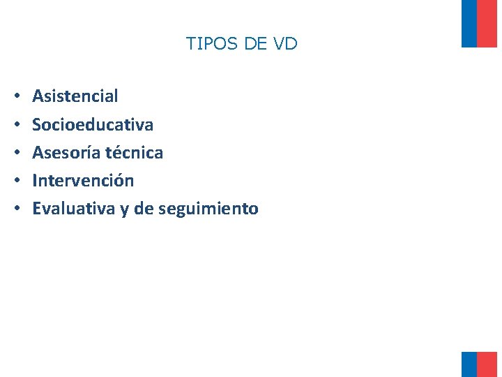 TIPOS DE VD • • • Asistencial Socioeducativa Asesoría técnica Intervención Evaluativa y de TIPOS DE VD • • • Asistencial Socioeducativa Asesoría técnica Intervención Evaluativa y de